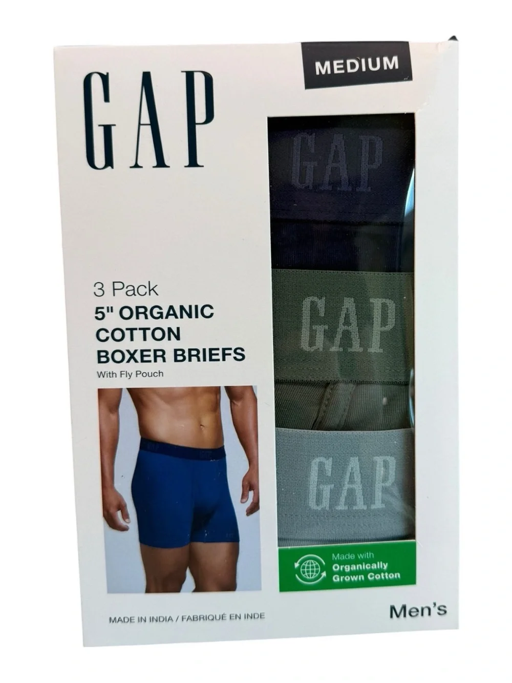 GAP 3 Pack 5'' Organic Cotton Boxer Briefs With Fly Pouch Multicolor Medium